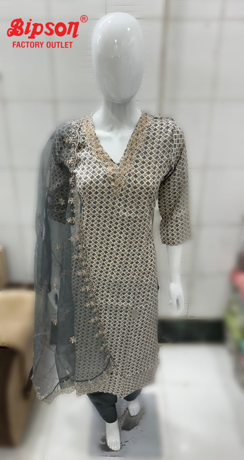 V Neck Bipson Prints Chanderi Readymade Pant Style Suits