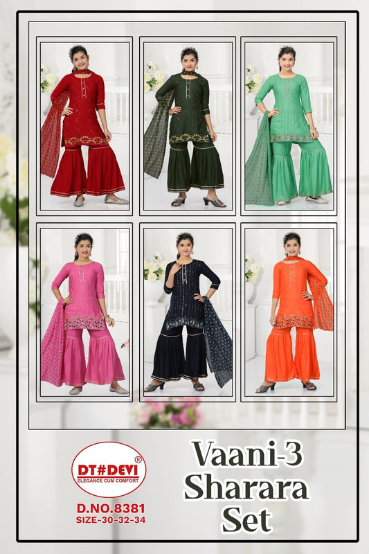 Vaani-3-8381 Dt Devi Rayon Readymade Girls Sharara Suits