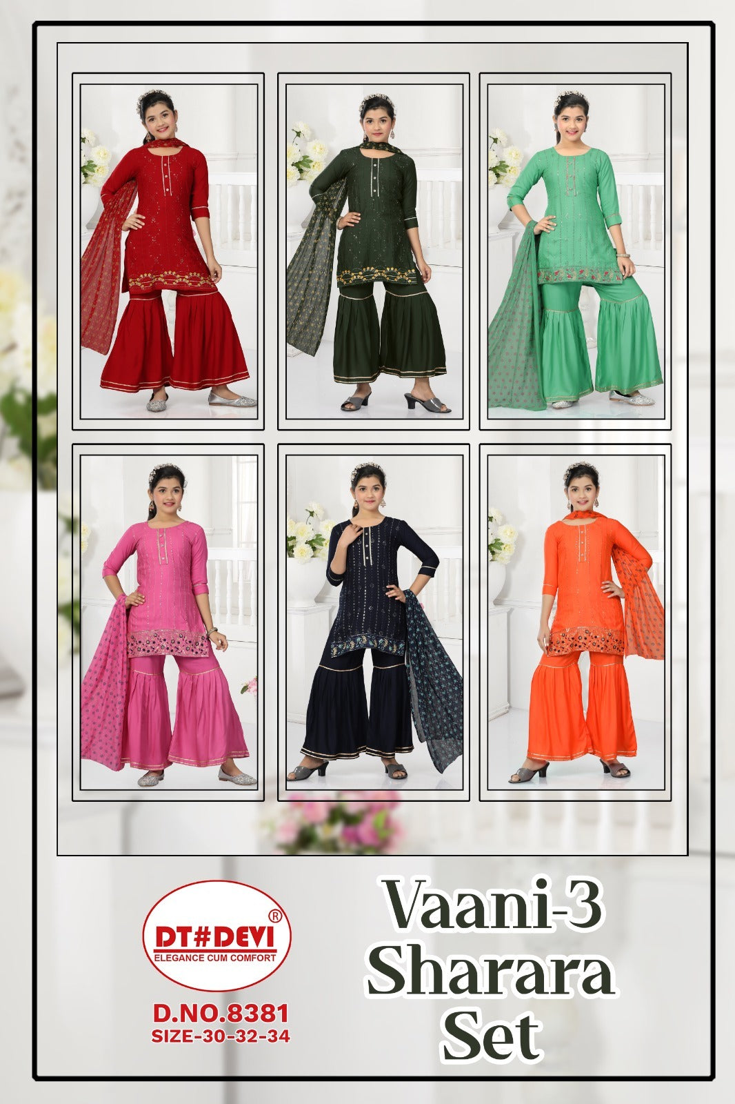 Vaani-3-8381 Dt Devi Rayon Readymade Girls Sharara Suits