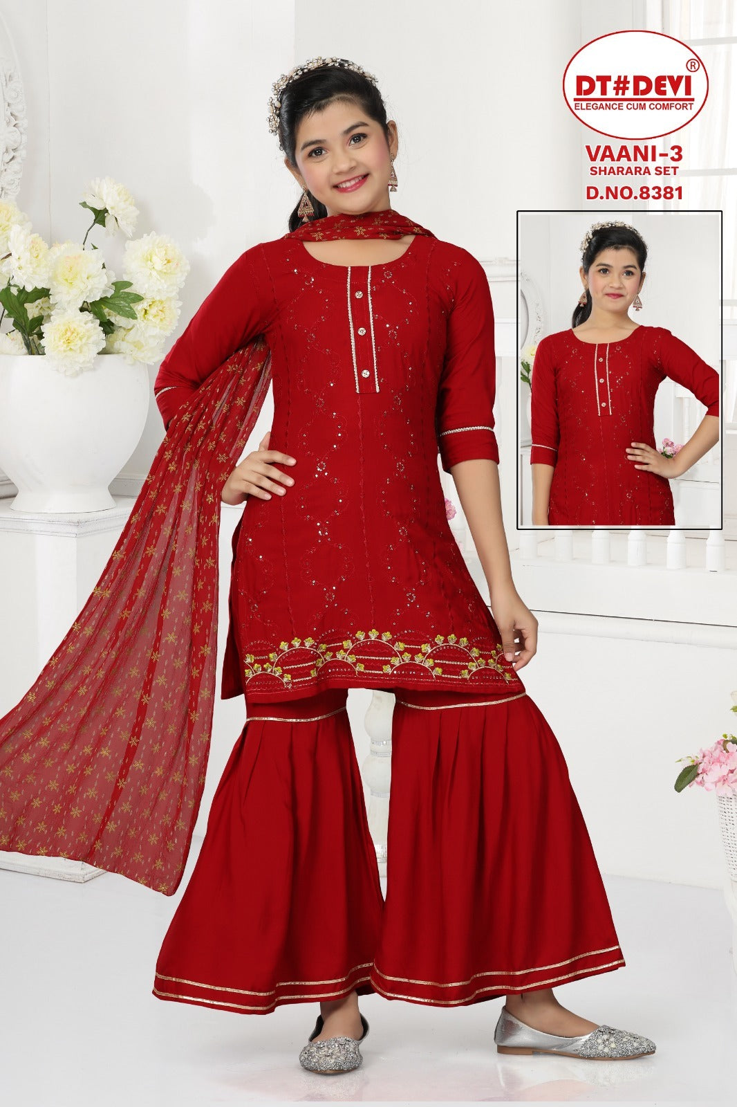 Vaani-3-8381 Dt Devi Rayon Readymade Girls Sharara Suits