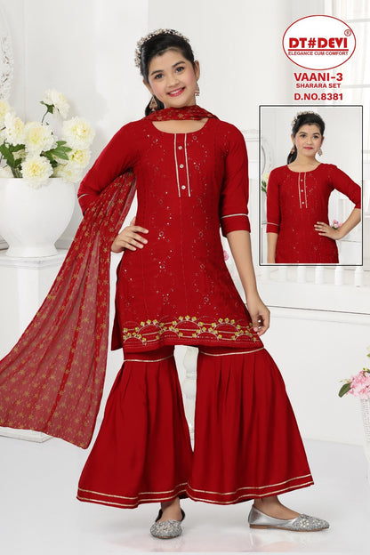 Vaani-3-8381 Dt Devi Rayon Readymade Girls Sharara Suits