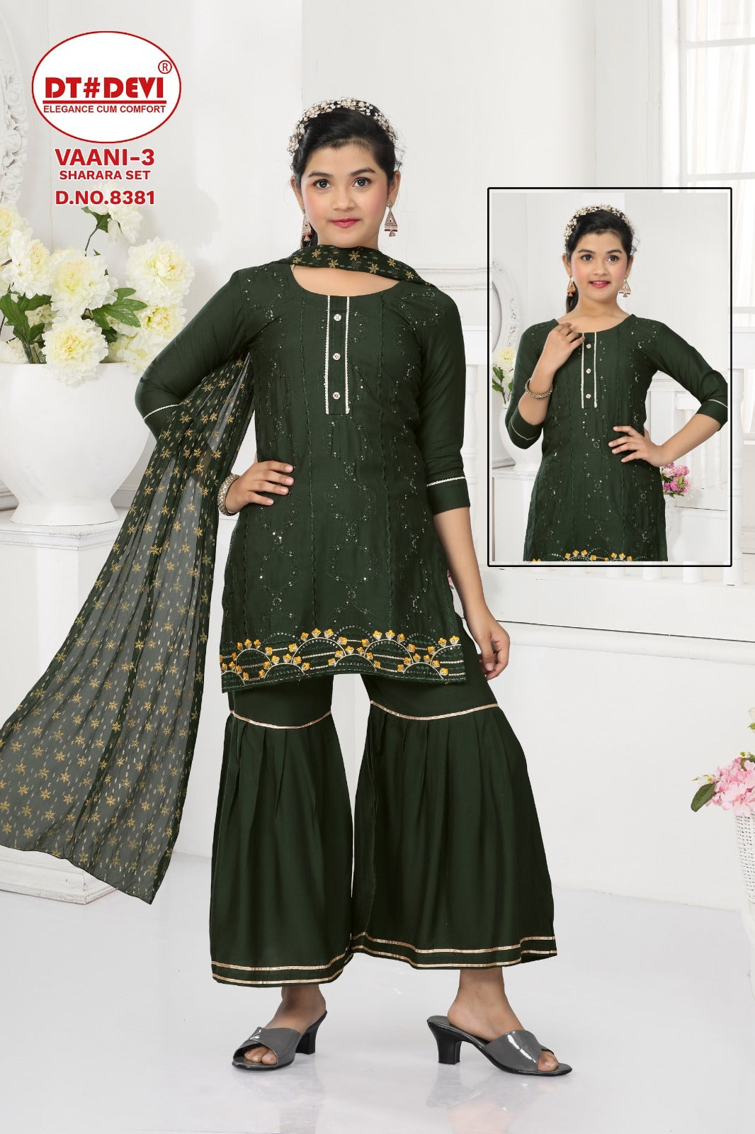 Vaani-3-8381 Dt Devi Rayon Readymade Girls Sharara Suits