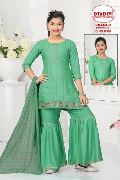 Vaani-3-8381 Dt Devi Rayon Readymade Girls Sharara Suits
