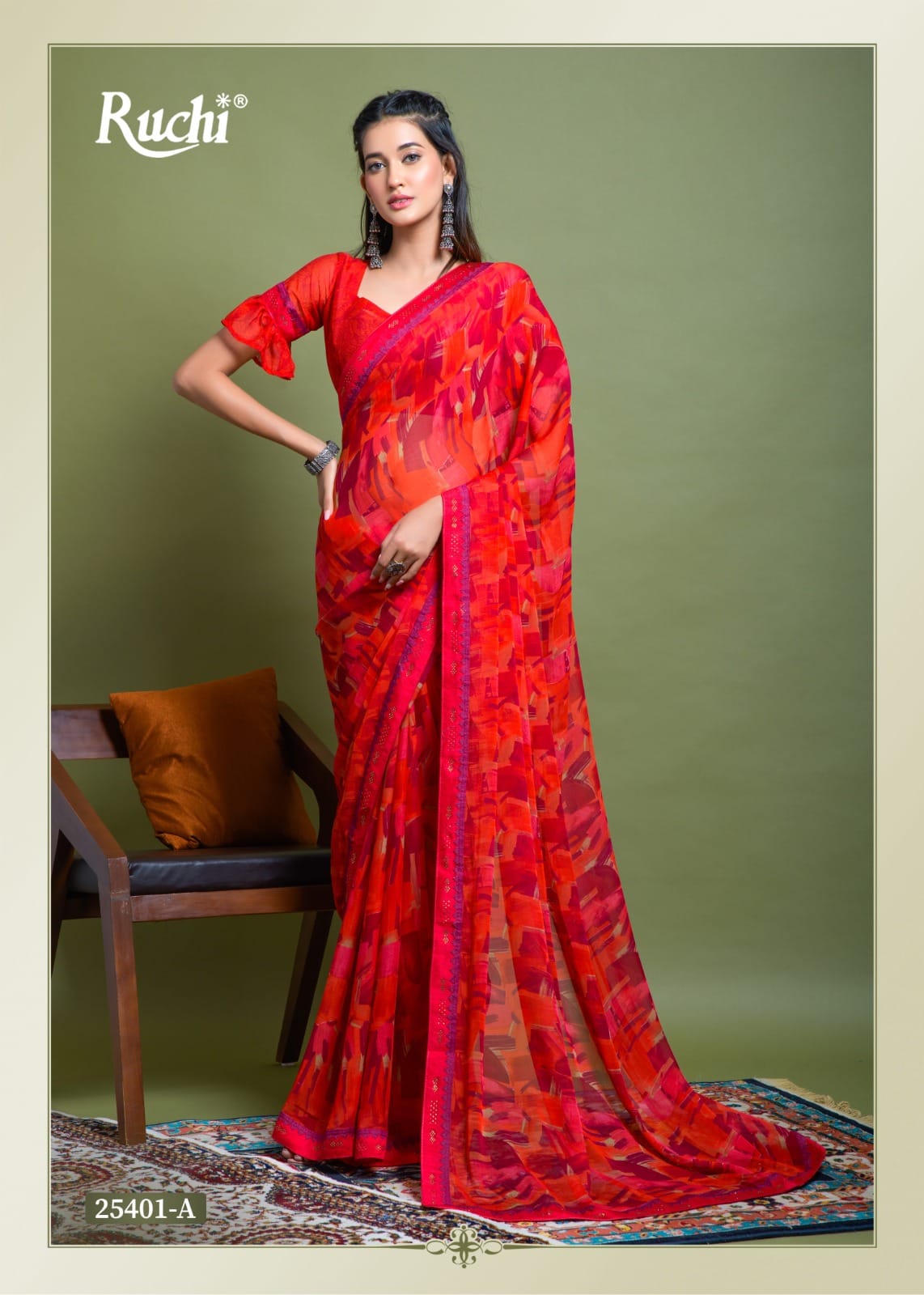 Ruchi 13302-A Savera Red Unstiched Chiffon Saree