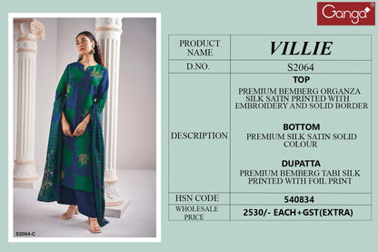 Villie 2064 Ganga Organza Plazzo Style Suits