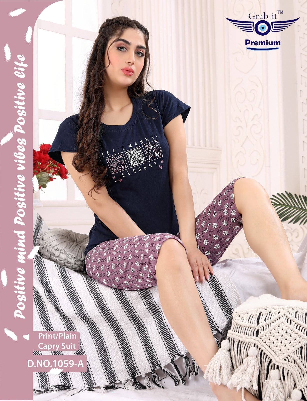 Vol 1059 A Grab It Print-Plain Capri Night Suits - Main Image