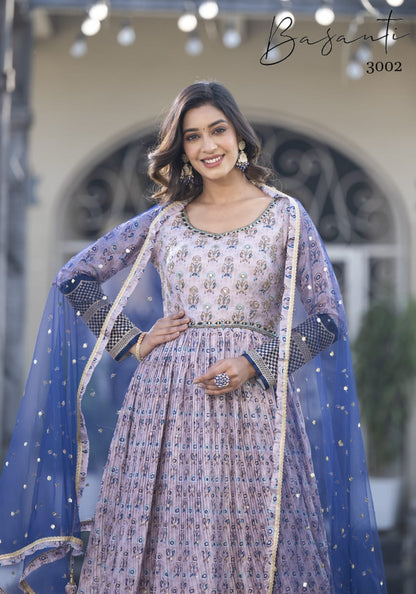 Vol 3 Basanti Georgette Gown Dupatta Set