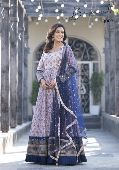 Vol 3 Basanti Georgette Gown Dupatta Set