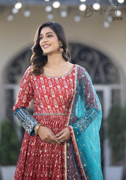 Vol 3 Basanti Georgette Gown Dupatta Set