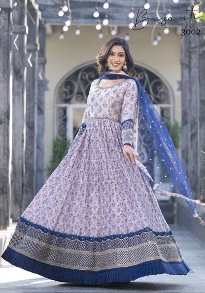 Vol 3 Basanti Georgette Gown Dupatta Set
