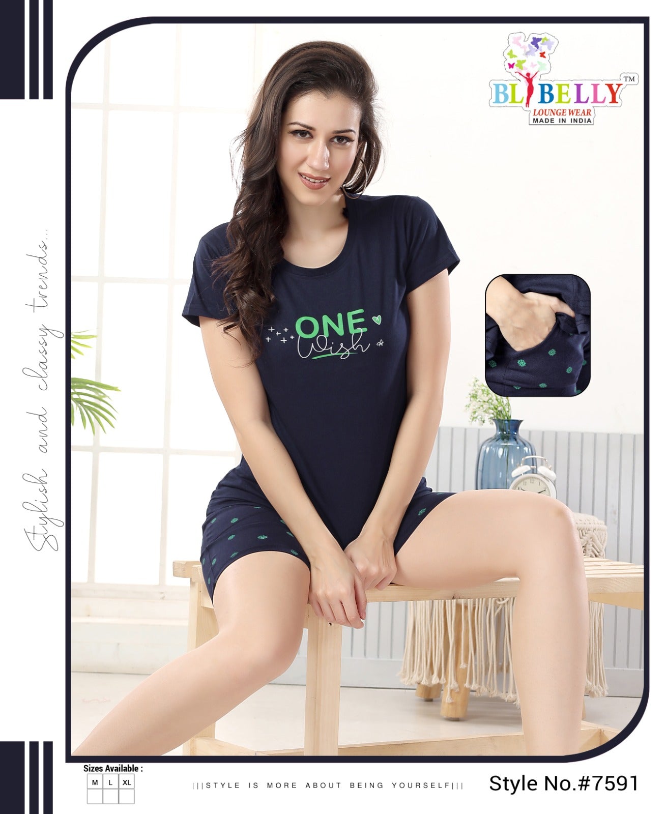 Vol 510 Belly Plain-Print Shorts Night Suits