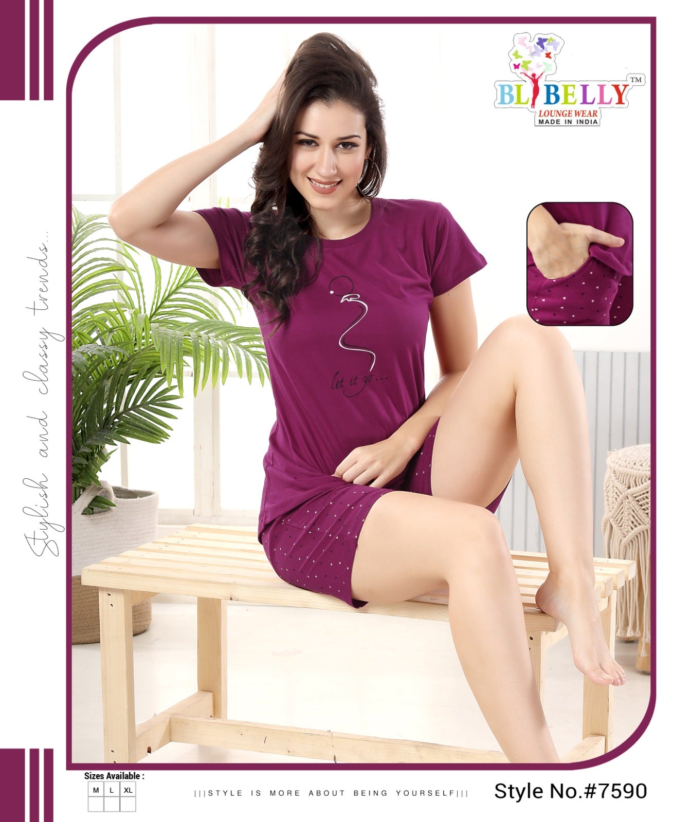 Vol 510 Belly Plain-Print Shorts Night Suits