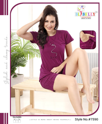 Vol 510 Belly Plain-Print Shorts Night Suits