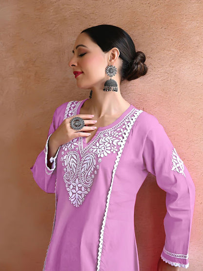 White Chikan Salas Reyon Kurti Pant Set