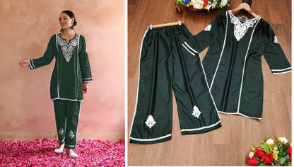 White Chikan Salas Reyon Kurti Pant Set