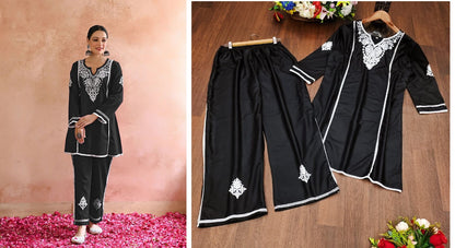 White Chikan Salas Reyon Kurti Pant Set