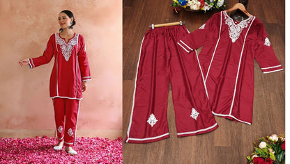 White Chikan Salas Reyon Kurti Pant Set