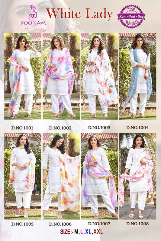 White Lady Poonam Designer Chikan Readymade Pant Style Suits