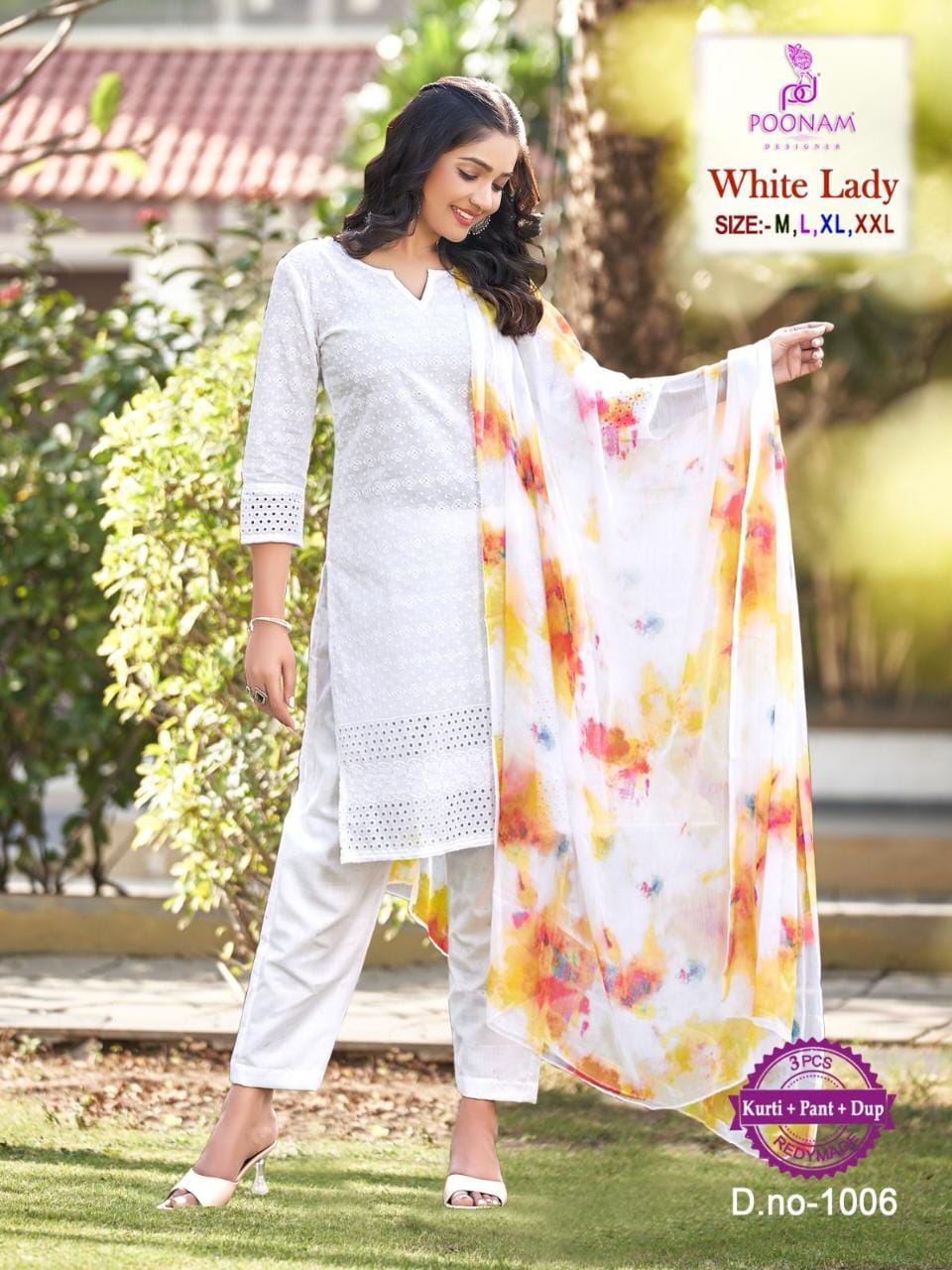 White Lady Poonam Designer Chikan Readymade Pant Style Suits