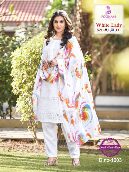 White Lady Poonam Designer Chikan Readymade Pant Style Suits