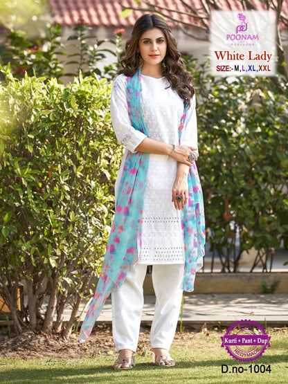 White Lady Poonam Designer Chikan Readymade Pant Style Suits