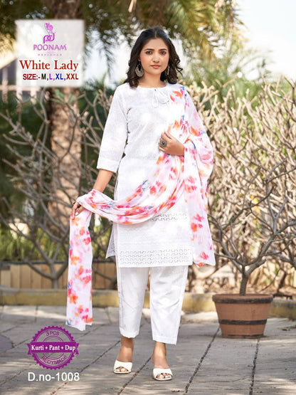 White Lady Poonam Designer Chikan Readymade Pant Style Suits