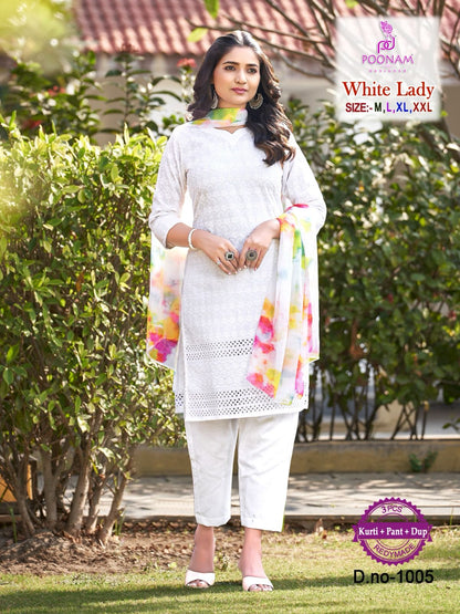 White Lady Poonam Designer Chikan Readymade Pant Style Suits