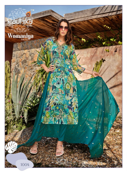 Womaniya Vol 1 Radhika Lifestyle Chinon Readymade Pant Style Suits