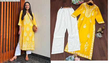 Yellow-Blue Qubo Rayon Kurti Pant Set