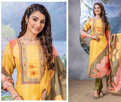 Yellow-Red-Avni Wanna Muslin Readymade Pant Style Suits