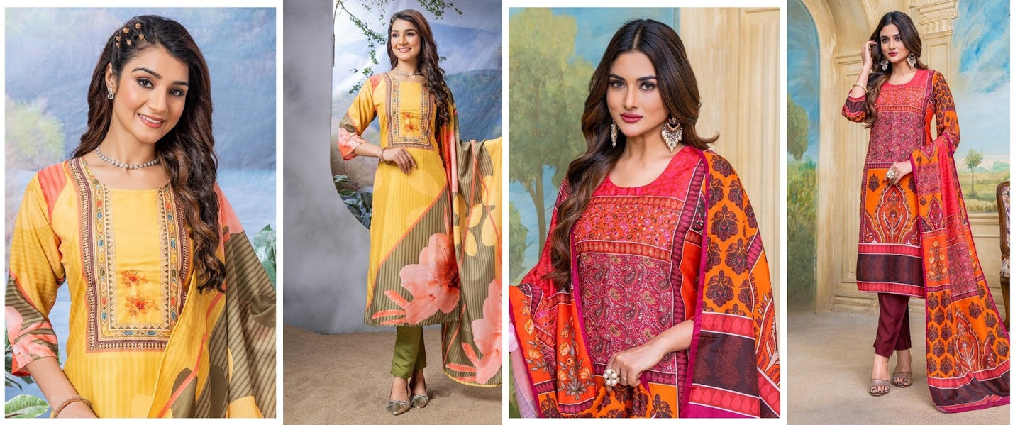 Yellow-Red-Avni Wanna Muslin Readymade Pant Style Suits