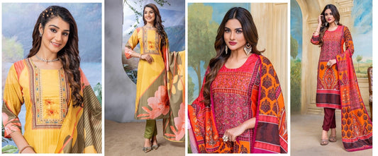 Yellow-Red-Avni Wanna Muslin Readymade Pant Style Suits